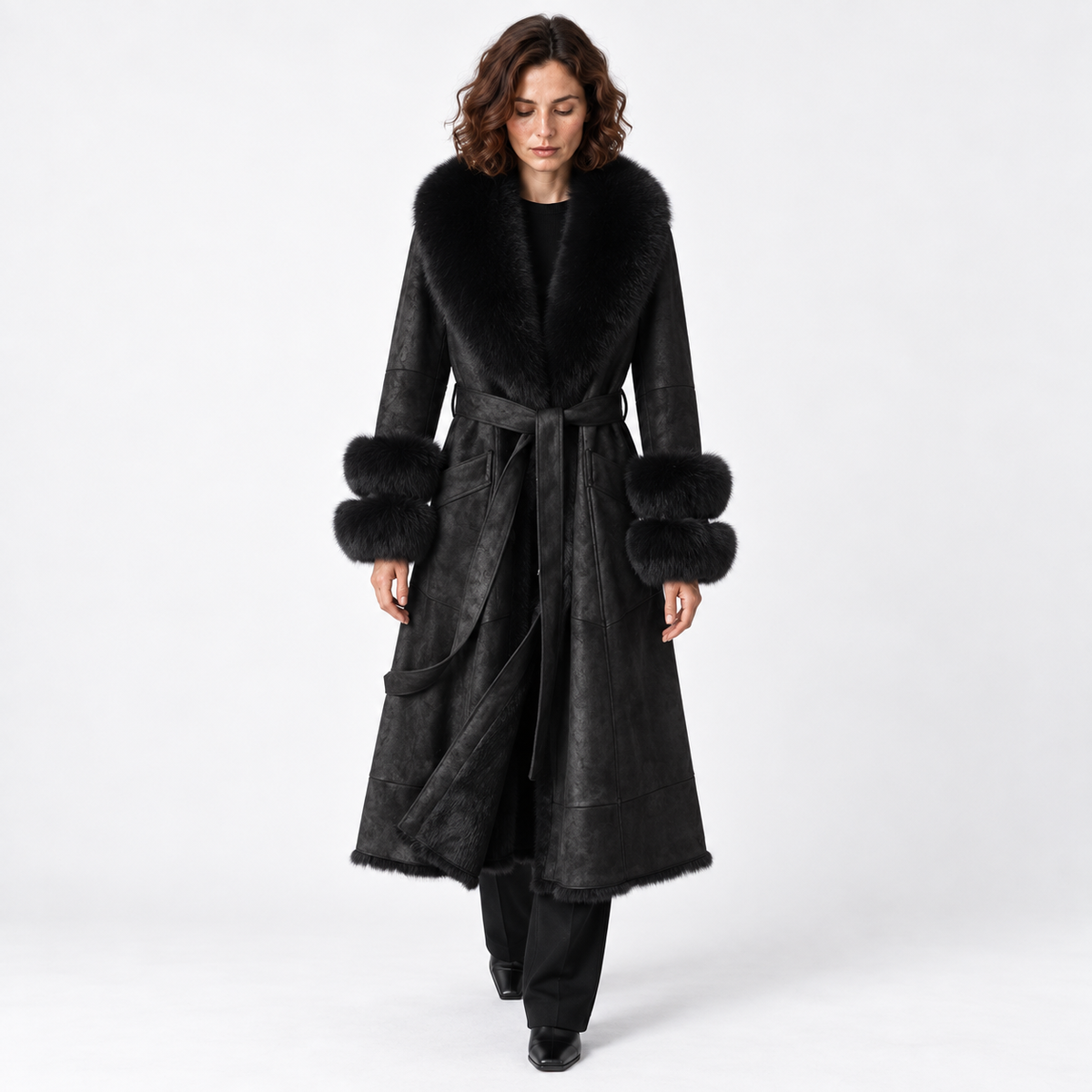 Faux-Fur Trim Belted Long Winter Coat for Women 2