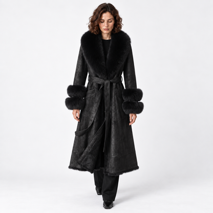 Faux-Fur Trim Belted Long Winter Coat for Women 2