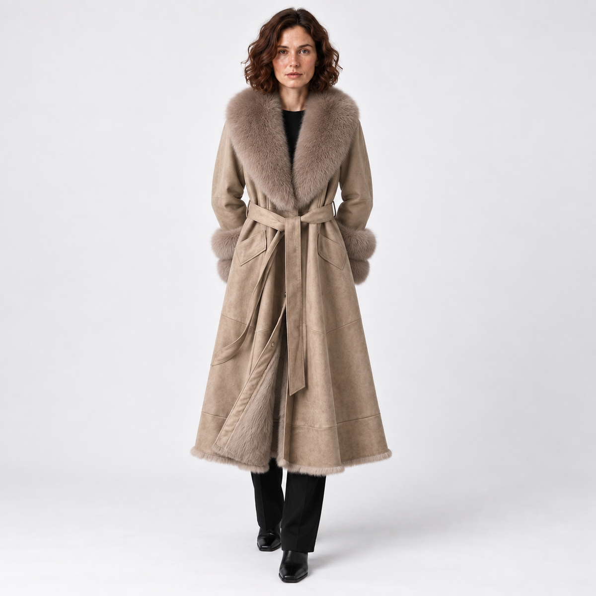 Faux-Fur Trim Belted Long Winter Coat for Women 3