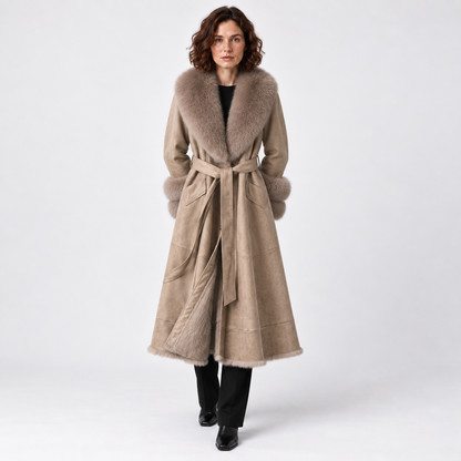 Faux-Fur Trim Belted Long Winter Coat for Women 3