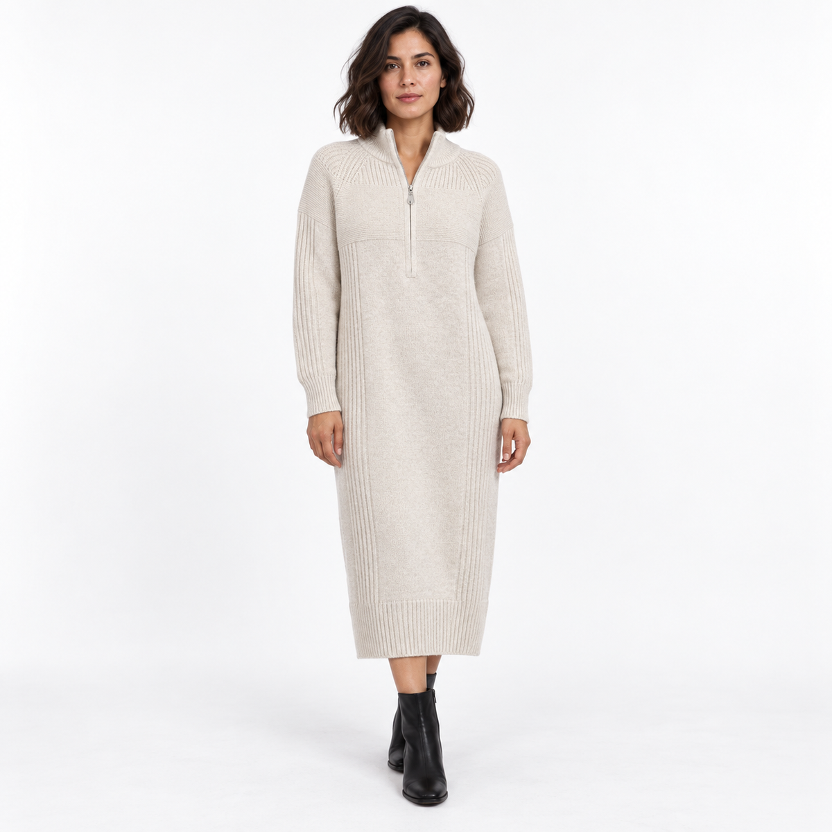 Half-Zip Knitted Midi Dress – Relaxed High-Neck Winter Style 1