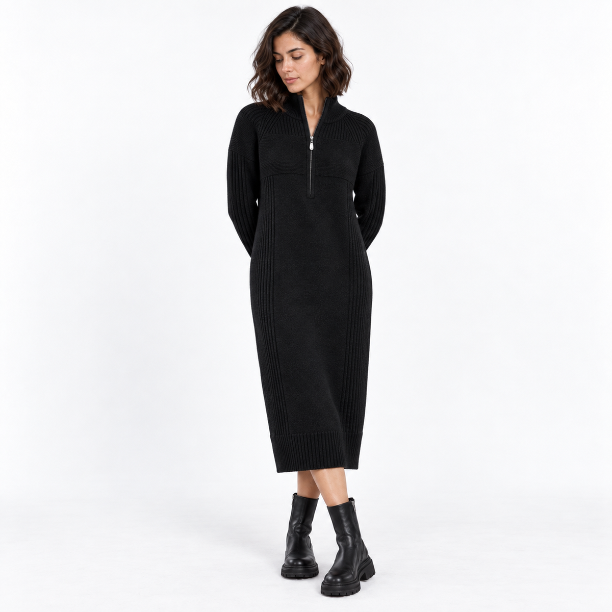 Half-Zip Knitted Midi Dress – Relaxed High-Neck Winter Style 2