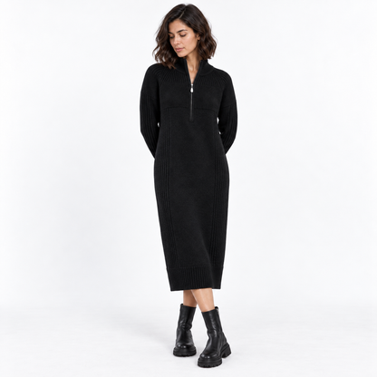 Half-Zip Knitted Midi Dress – Relaxed High-Neck Winter Style 2