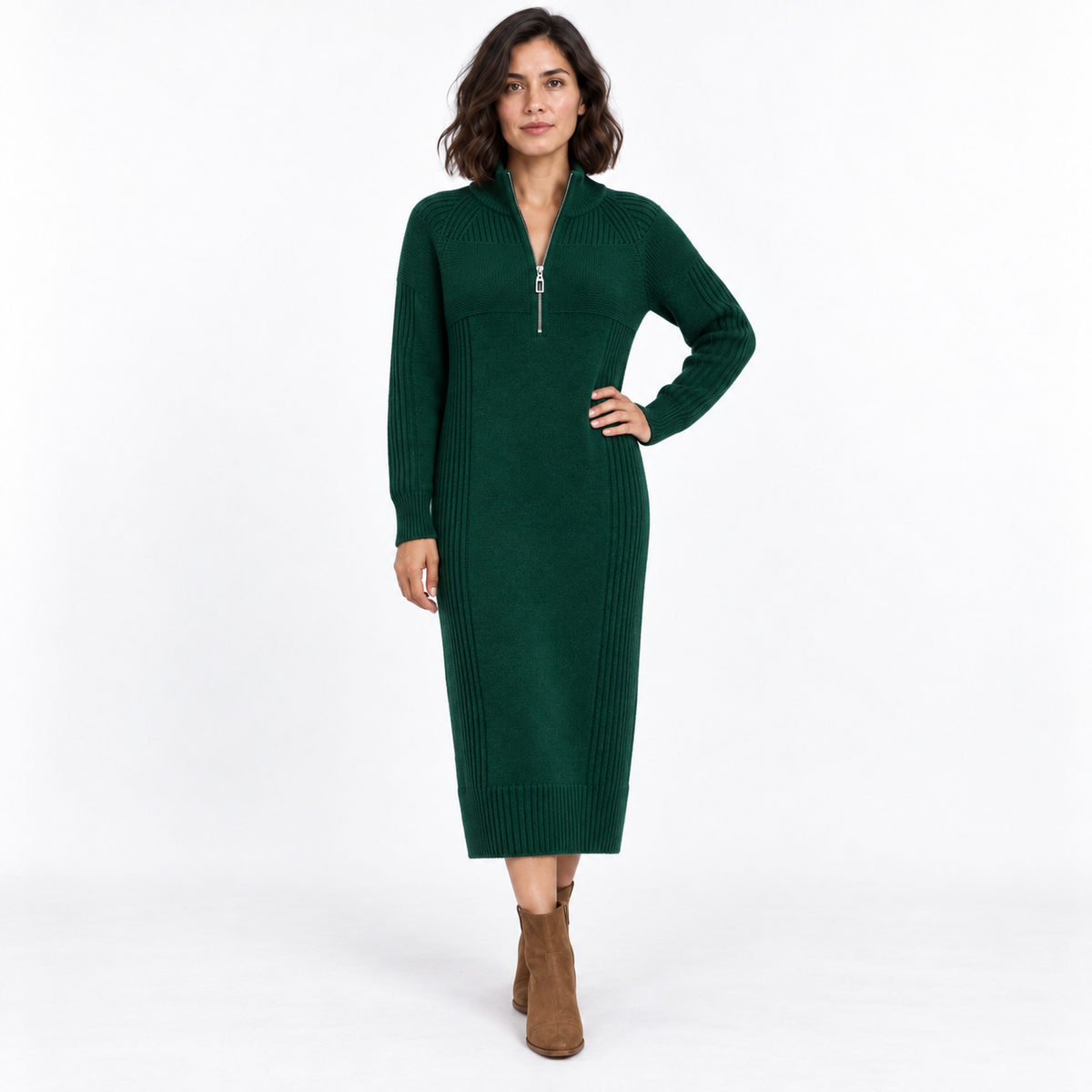 Half-Zip Knitted Midi Dress – Relaxed High-Neck Winter Style 3