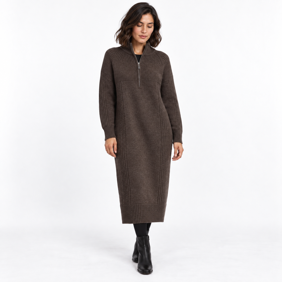 Half-Zip Knitted Midi Dress – Relaxed High-Neck Winter Style 4