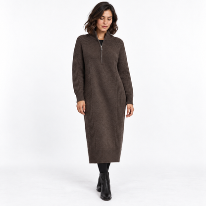 Half-Zip Knitted Midi Dress – Relaxed High-Neck Winter Style 4