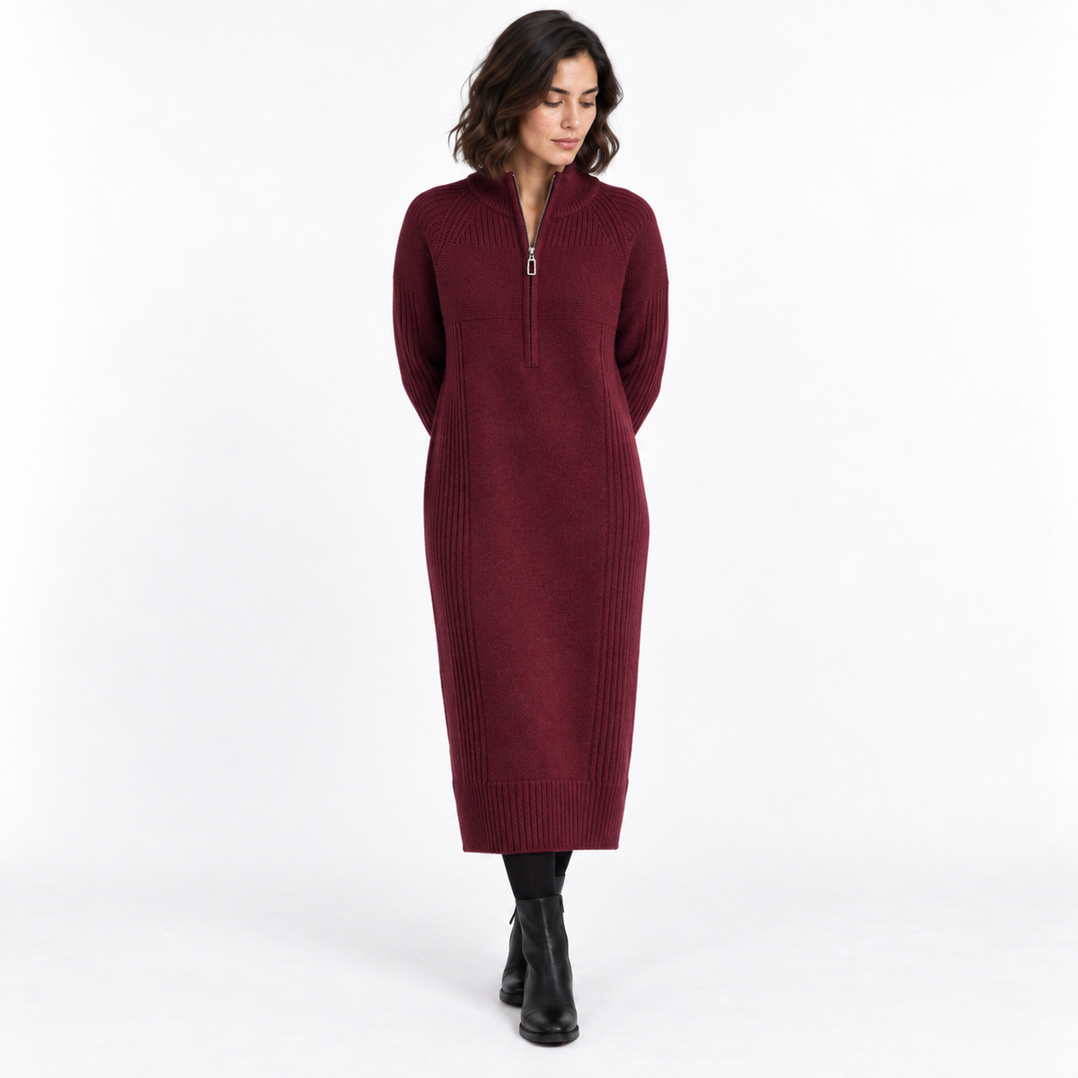 Half-Zip Knitted Midi Dress – Relaxed High-Neck Winter Style 5