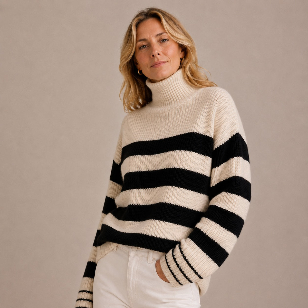 Turtleneck Chunky Knit Sweater - Relaxed Fit Long Sleeve