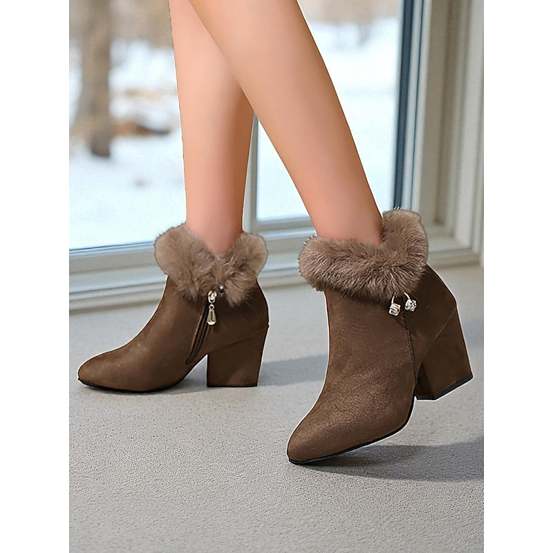 Fur-Trimmed Block Heel Ankle Boots — Women's Side Zip 5