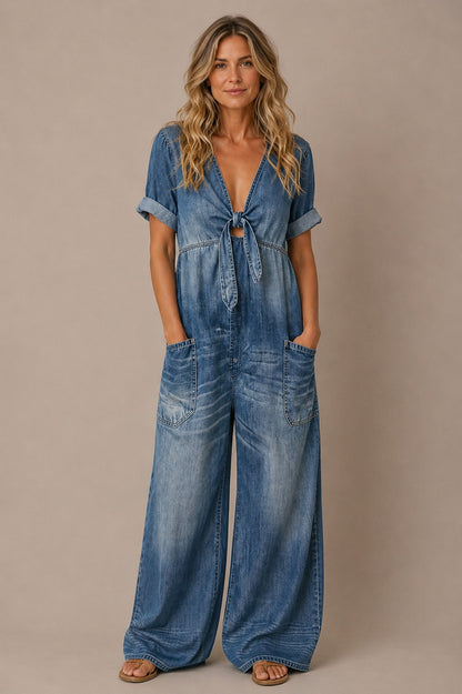 V-Neck Short Sleeve Jumpsuit with Patch Pockets — Ankle Length