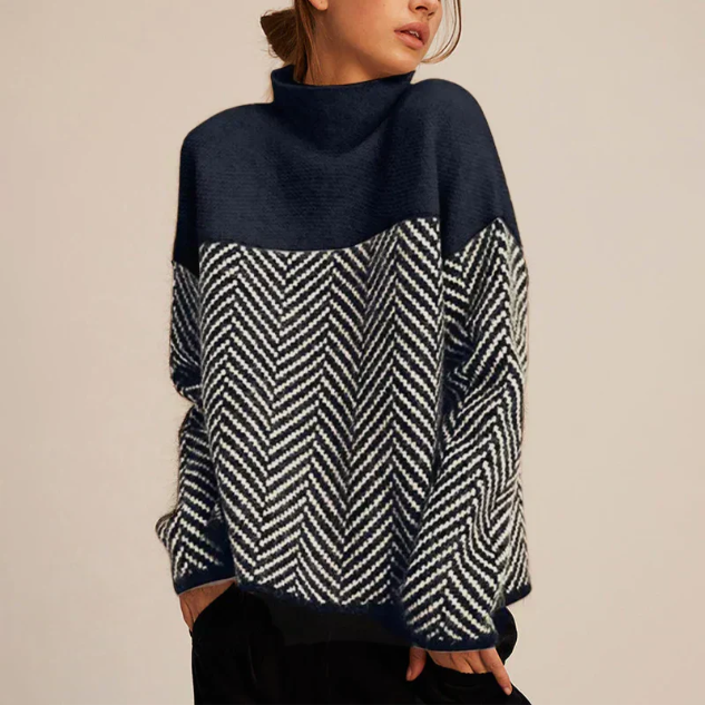 Herringbone Knit Sweater — Stand-Up Collar Relaxed Fit 1