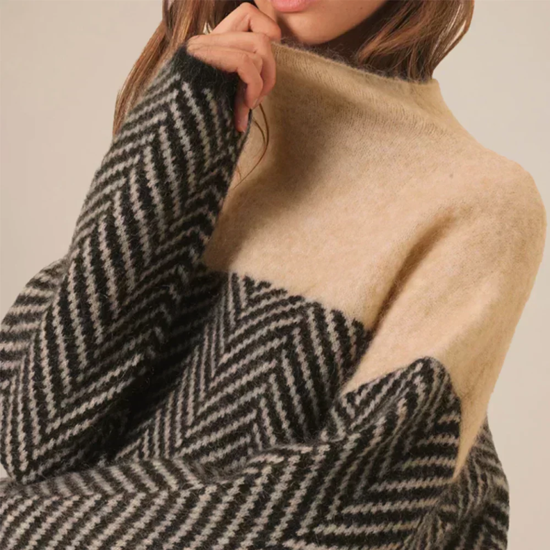 Herringbone Knit Sweater — Stand-Up Collar Relaxed Fit 4