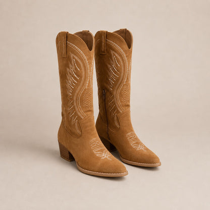 Embroidered Suede Cowboy Boots – Western Block Heel