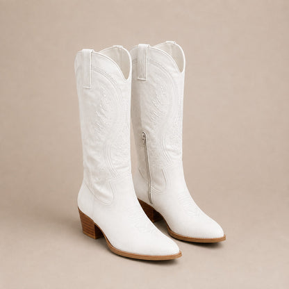 Embroidered Suede Cowboy Boots – Western Block Heel