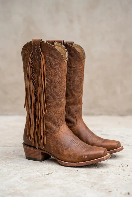 Women's cognac square-toe fringe boots, front pair view