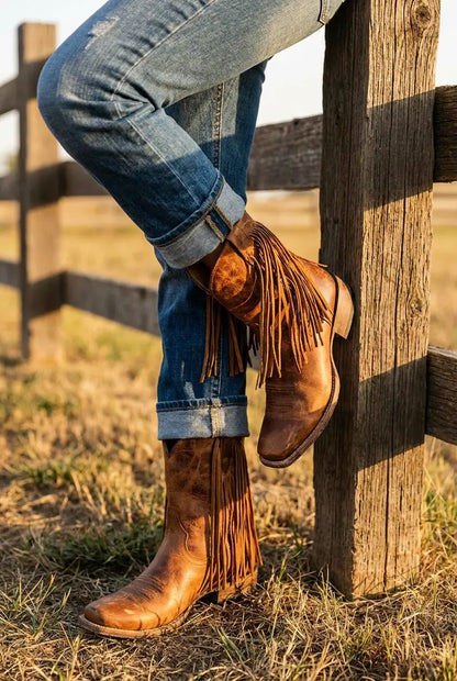 Cognac square-toe fringe boots styled with denim jeans