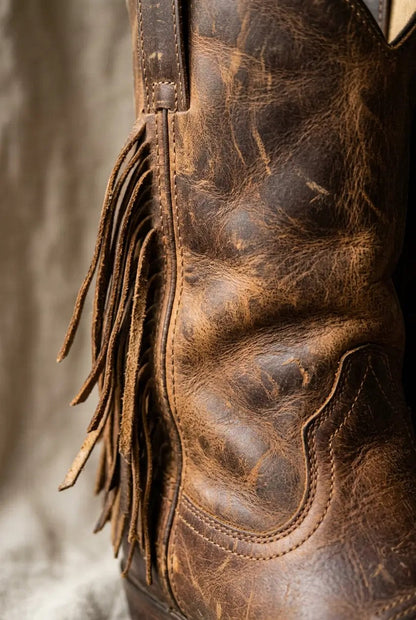 Close-up of fringe detailing on cognac boot shaft