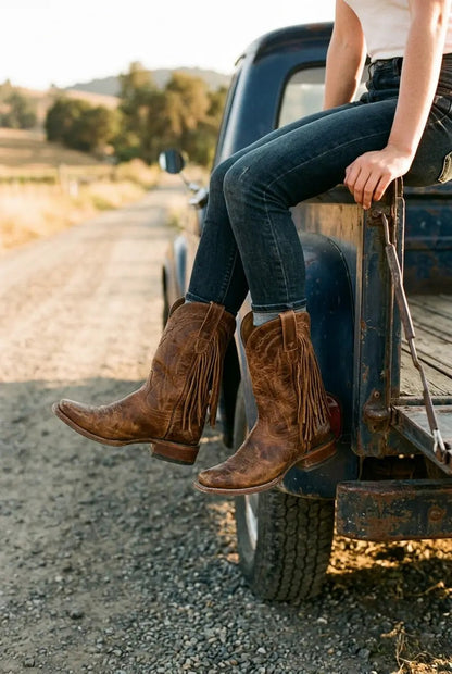 Women's cognac square-toe fringe boots styled in an outdoor lifestyle scene