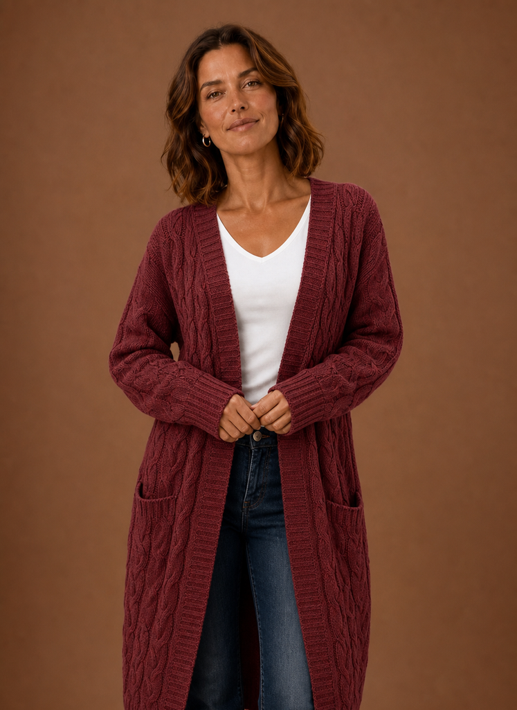 Hooded Cable Knit Cardigan Women — Chunky Duster Length 9