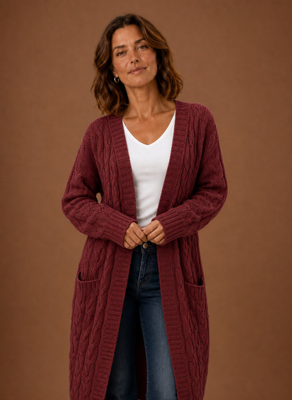 Hooded Cable Knit Cardigan Women — Chunky Duster Length 9