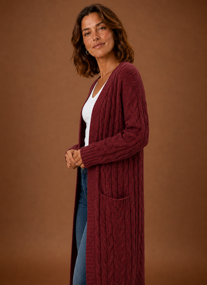 Hooded Cable Knit Cardigan Women — Chunky Duster Length 10