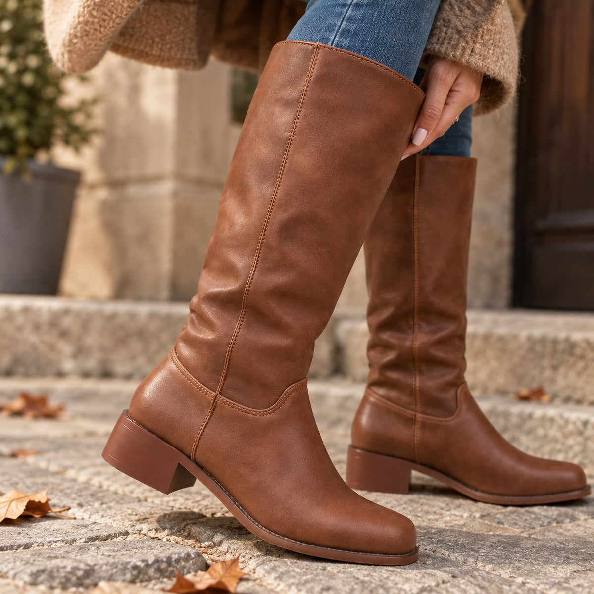 Women's Wide-Calf Knee-High Boots — Brown, Almond Toe & Block Heel