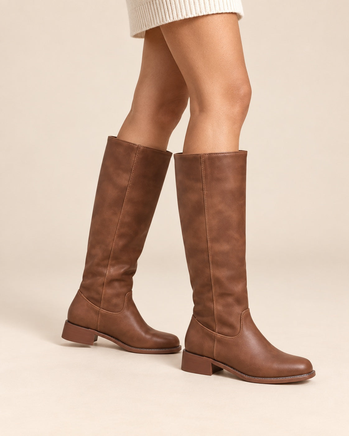 Women's Wide-Calf Knee-High Boots — Brown, Almond Toe & Block Heel