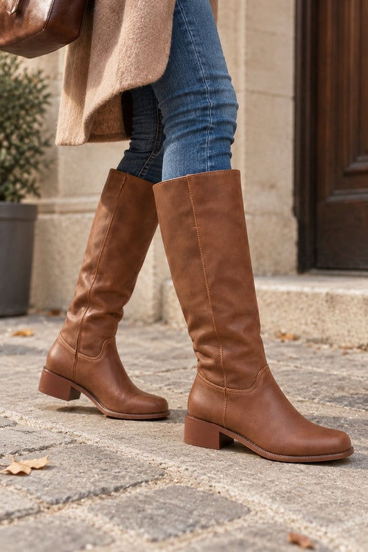 Women's Wide-Calf Knee-High Boots — Brown, Almond Toe & Block Heel