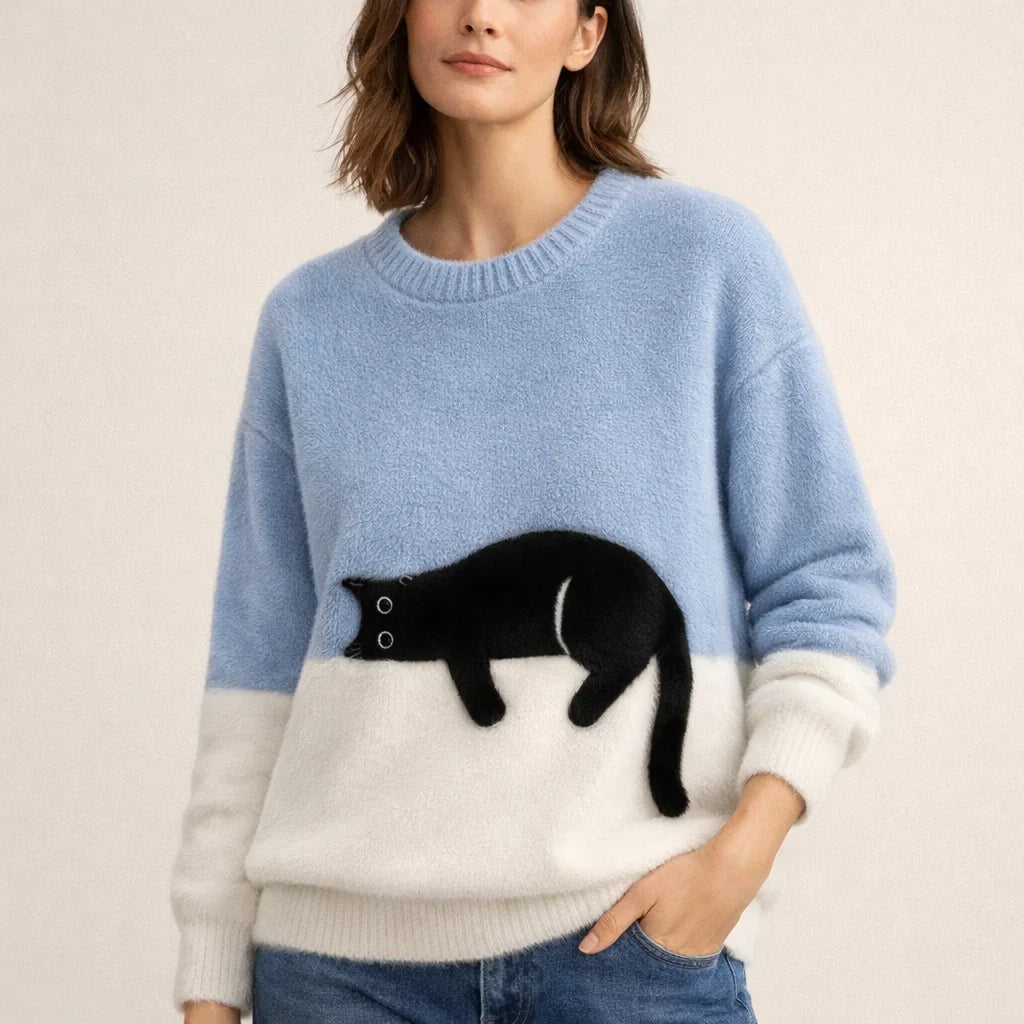 Women's Cat Motif Sweater — Round Neck Long Sleeve Ribbed 1
