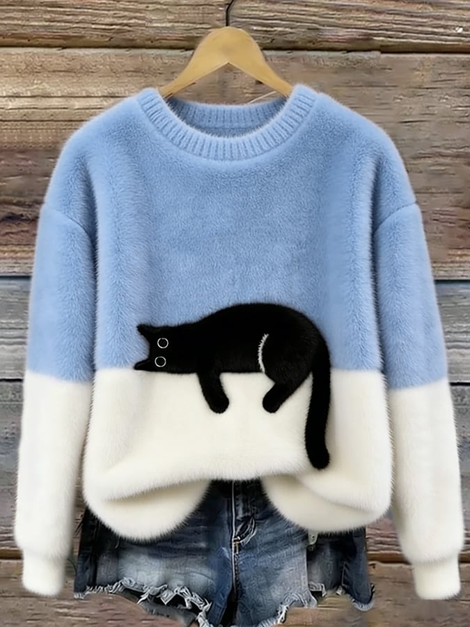 Women's Cat Motif Sweater — Round Neck Long Sleeve Ribbed 2