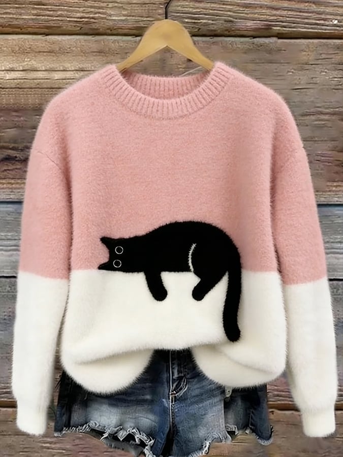 Women's Cat Motif Sweater — Round Neck Long Sleeve Ribbed 3