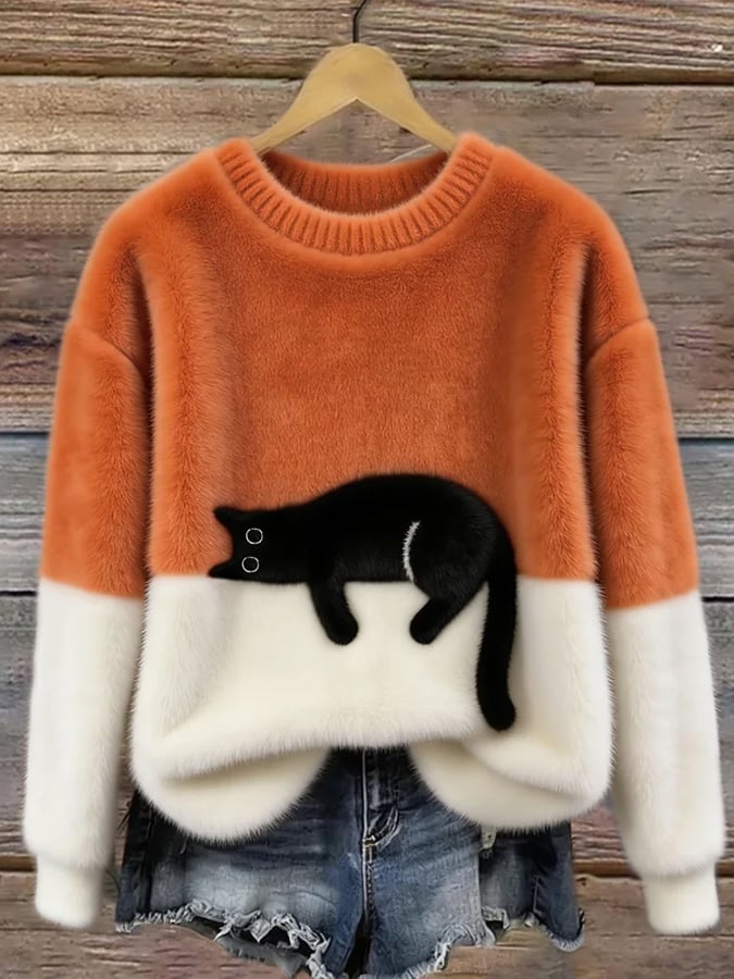 Women's Cat Motif Sweater — Round Neck Long Sleeve Ribbed 4