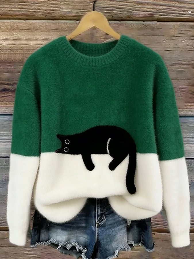 Women's Cat Motif Sweater — Round Neck Long Sleeve Ribbed 5