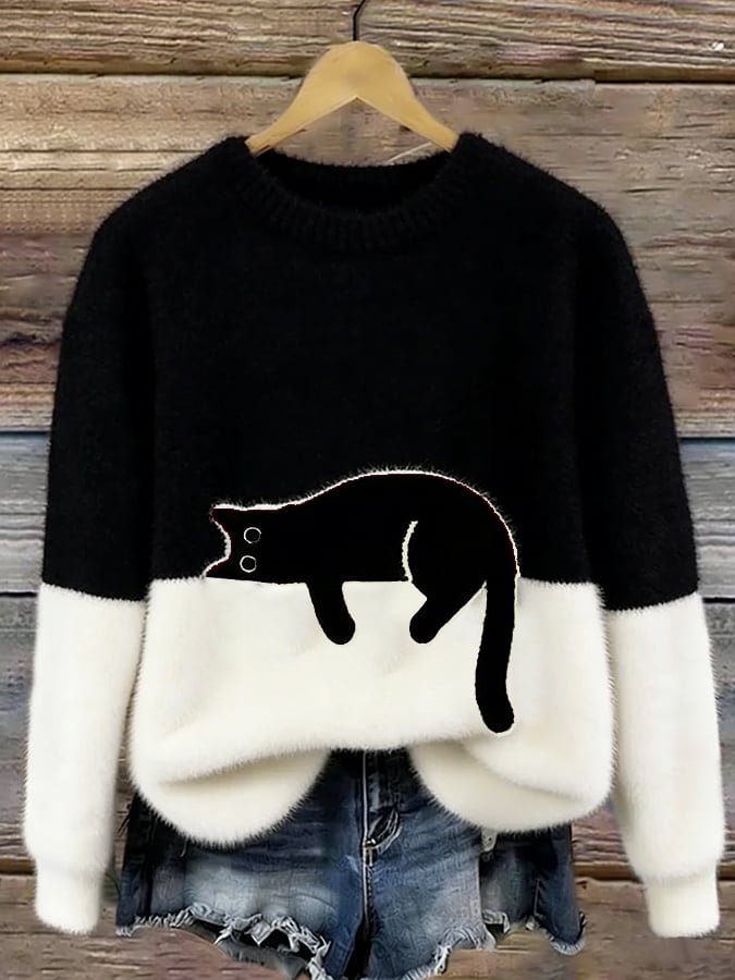 Women's Cat Motif Sweater — Round Neck Long Sleeve Ribbed 6