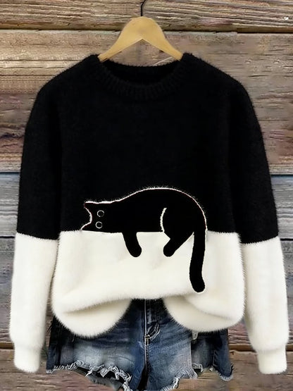 Women's Cat Motif Sweater — Round Neck Long Sleeve Ribbed 6