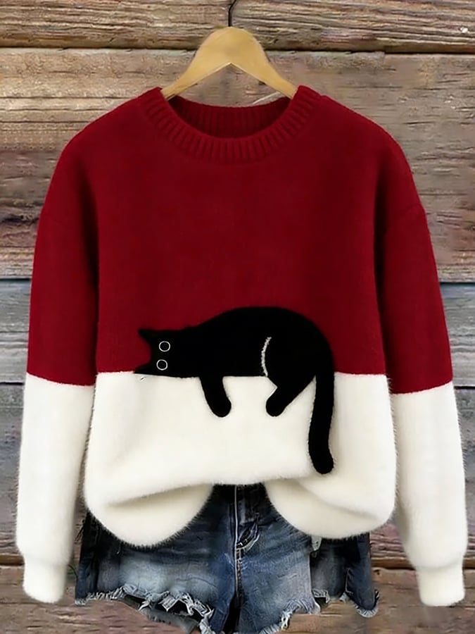Women's Cat Motif Sweater — Round Neck Long Sleeve Ribbed 7