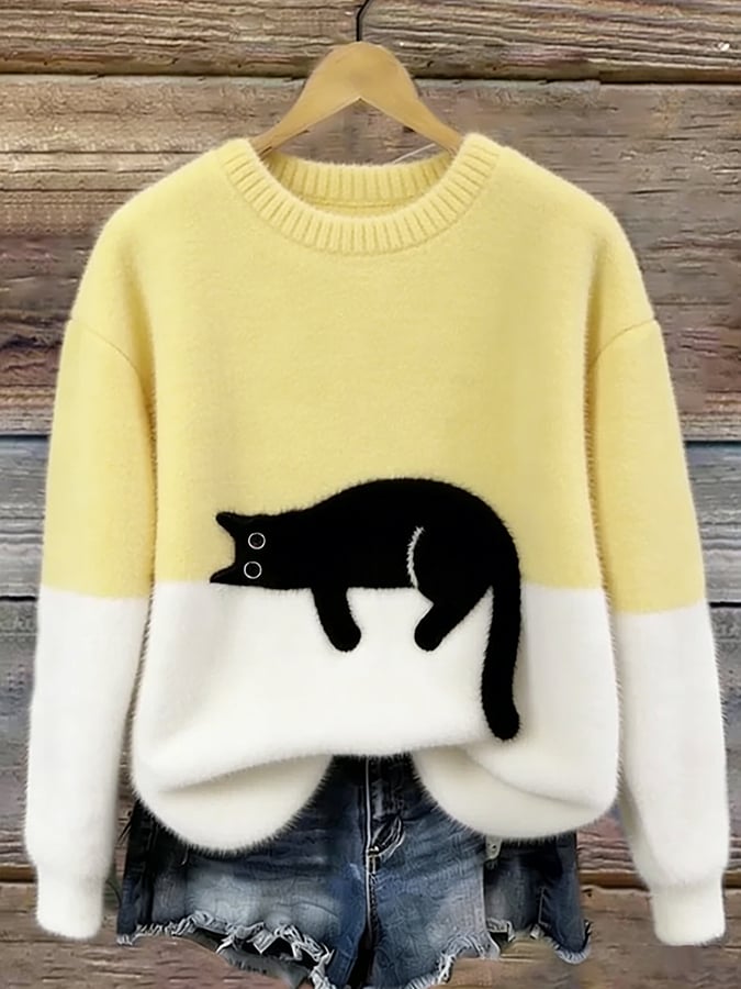 Women's Cat Motif Sweater — Round Neck Long Sleeve Ribbed 8