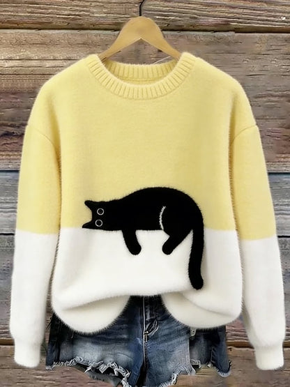 Women's Cat Motif Sweater — Round Neck Long Sleeve Ribbed 8