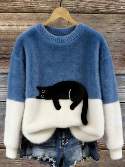 Women's Cat Motif Sweater — Round Neck Long Sleeve Ribbed 9