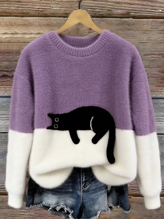 Women's Cat Motif Sweater — Round Neck Long Sleeve Ribbed 10