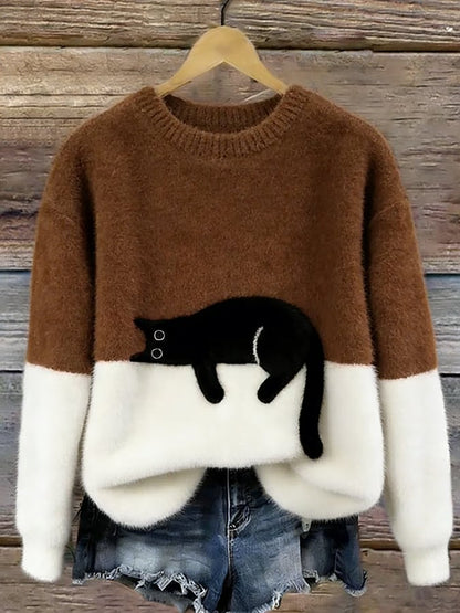 Women's Cat Motif Sweater — Round Neck Long Sleeve Ribbed 11