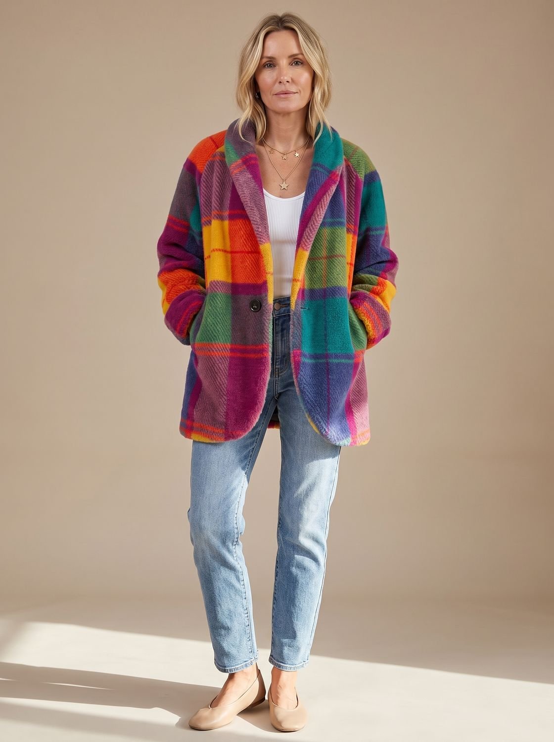 Women's Colorful Plaid Fleece Coat — Button-Front & Pockets 1