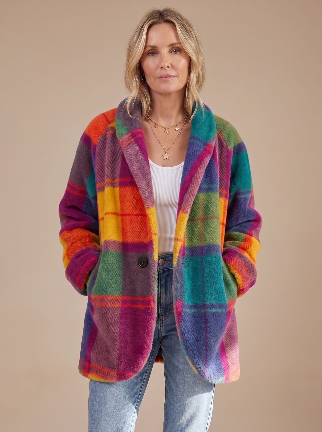 Women's Colorful Plaid Fleece Coat — Button-Front & Pockets 2