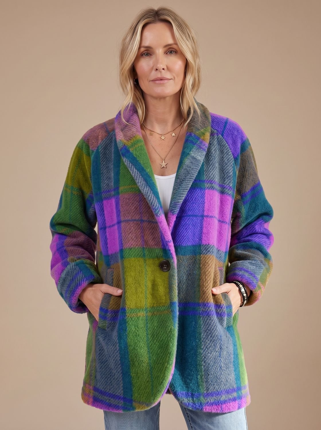 Women's Colorful Plaid Fleece Coat — Button-Front & Pockets 3