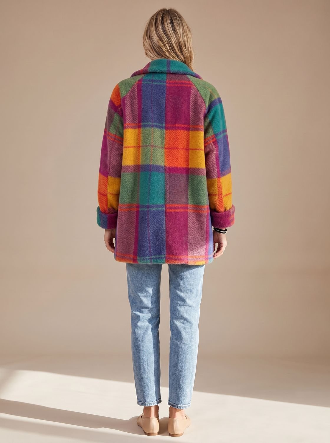 Women's Colorful Plaid Fleece Coat — Button-Front & Pockets 4