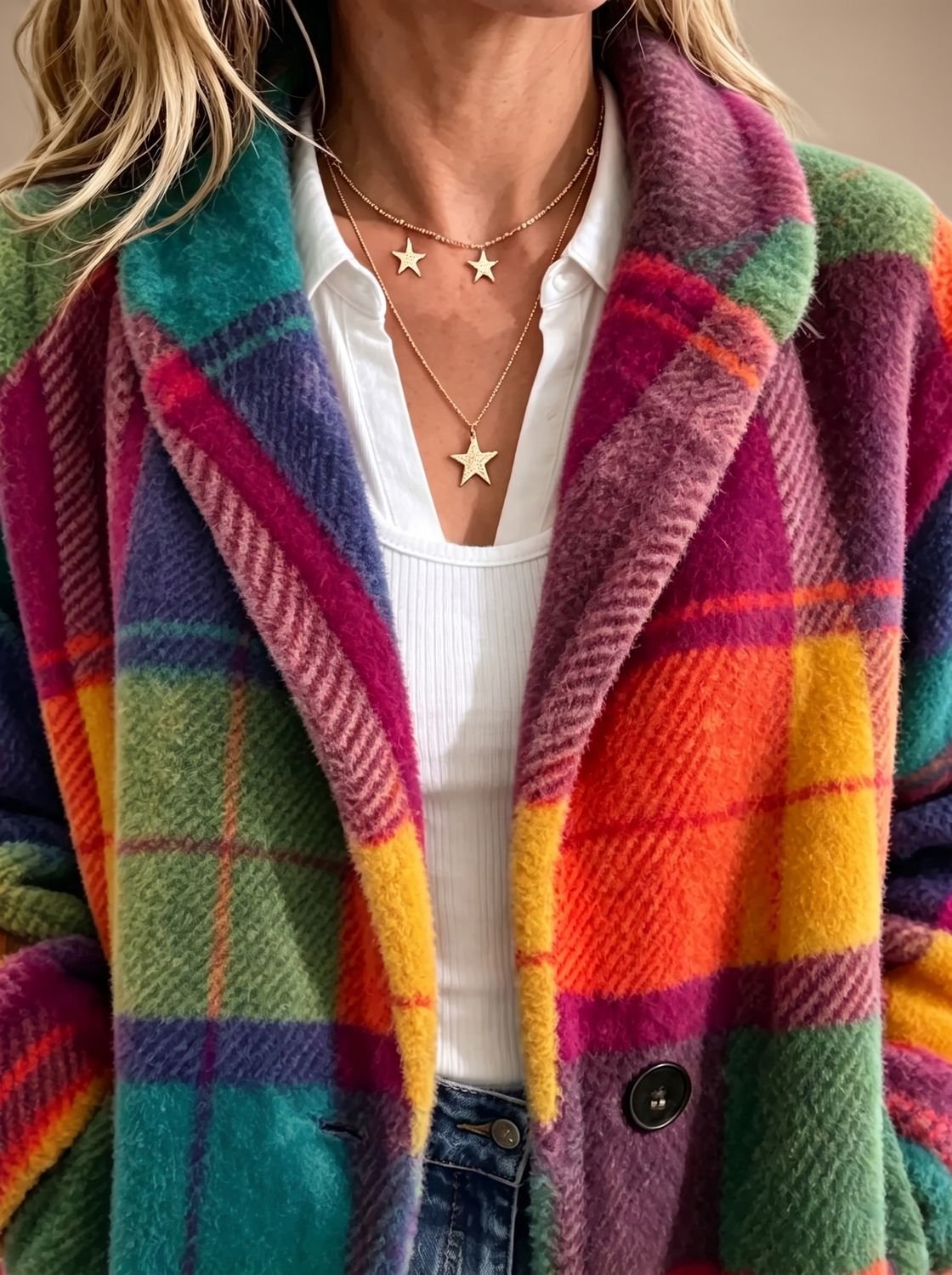Women's Colorful Plaid Fleece Coat — Button-Front & Pockets 5