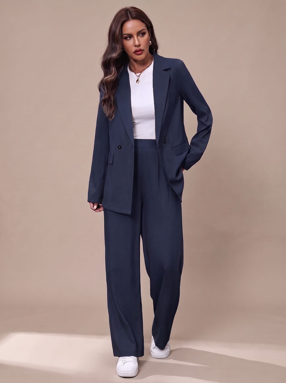 Women's Double-Breasted Tailored Blazer & Wide-Leg Suit Set 16