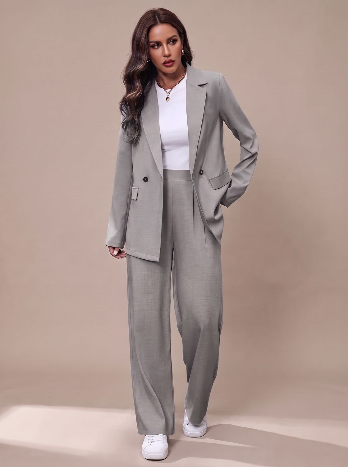 Women's Double-Breasted Tailored Blazer & Wide-Leg Suit Set 7