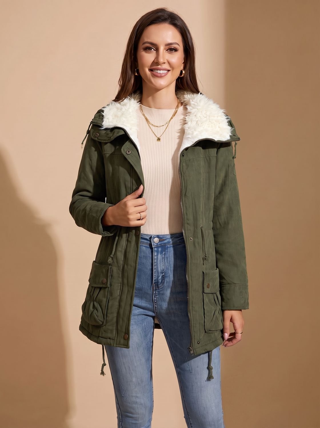 Women's Faux-Fur Collar Winter Parka Coat — Drawstring Waist 11