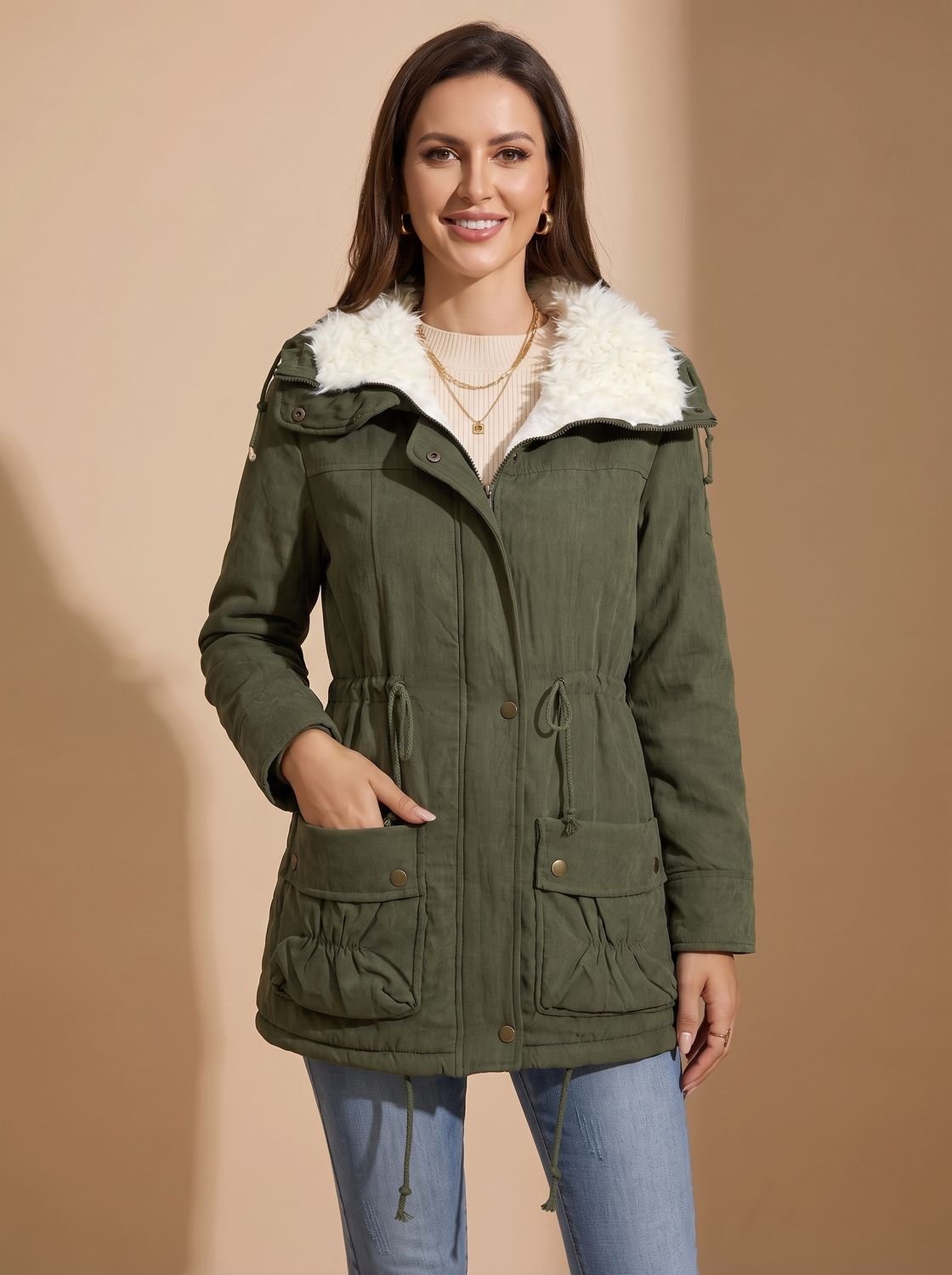 Women's Faux-Fur Collar Winter Parka Coat — Drawstring Waist 12